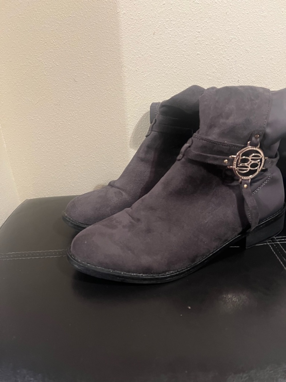 bebe Dark Gray Suede Ankle Heeled Boots with Gold Accent